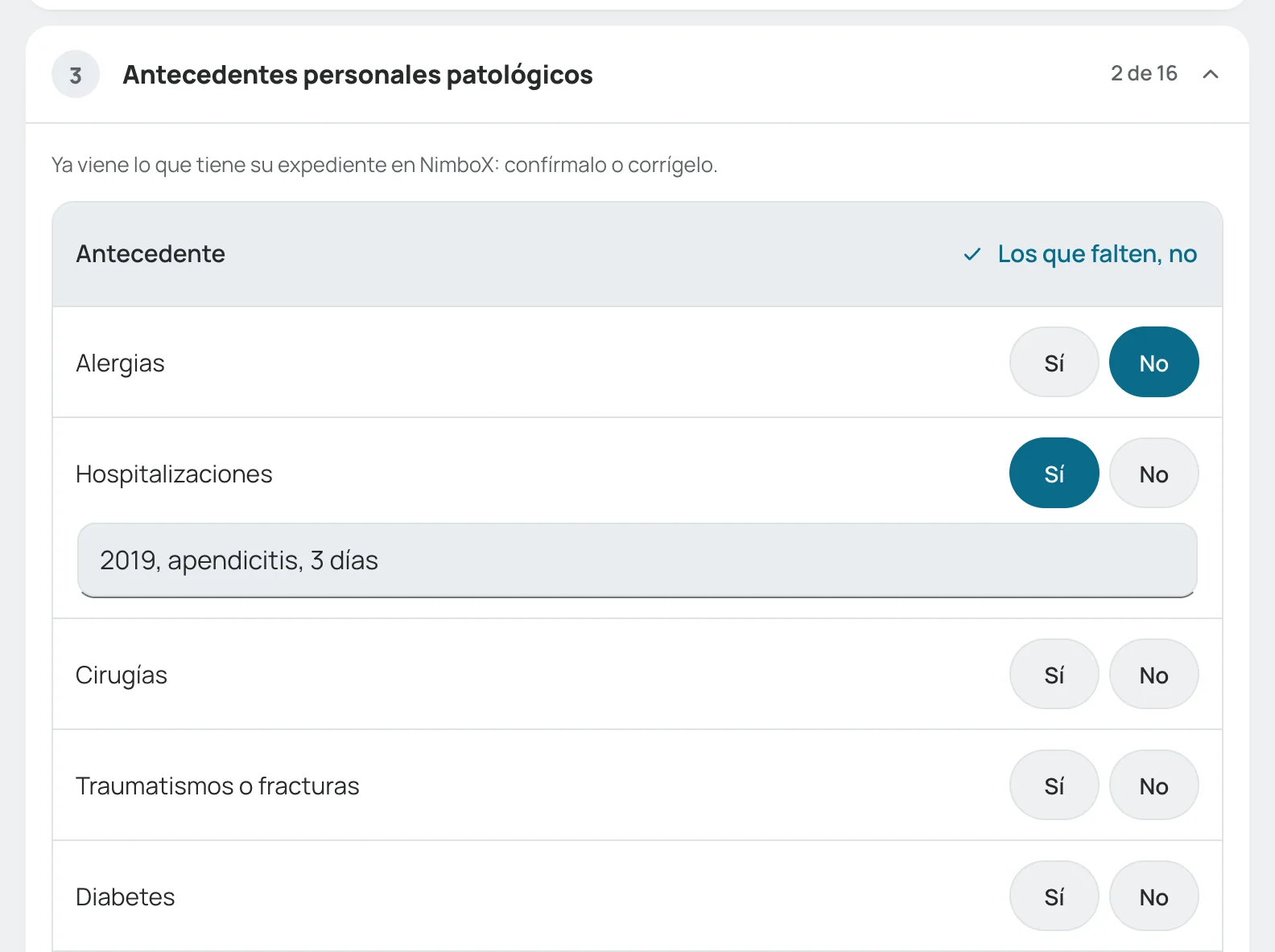 Antecedentes personales patológicos: «Sí» en hospitalizaciones con su descripción, y «Los que falten, no»