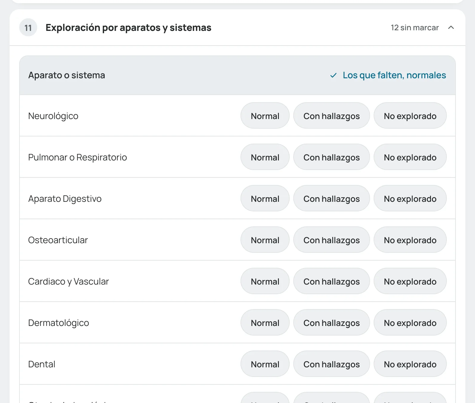 Exploración por aparatos y sistemas, con «Los que falten, normales»