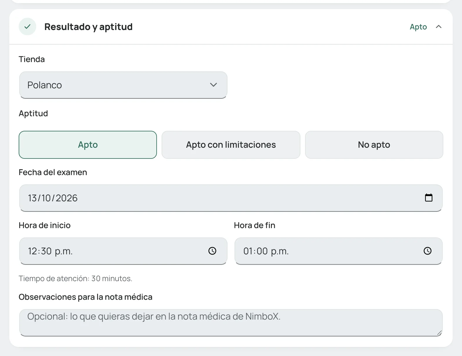 Sección «Resultado y aptitud» con «Apto» escogido y las horas