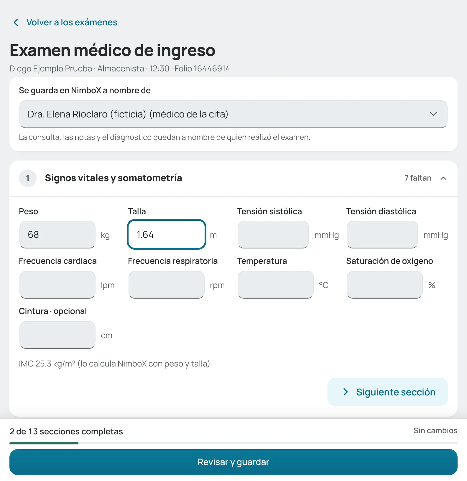 El examen completo: sus secciones y la barra para revisar y guardar