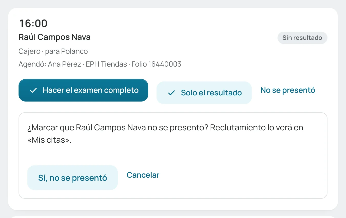 Confirmación de «No se presentó» dentro de la tarjeta de una cita