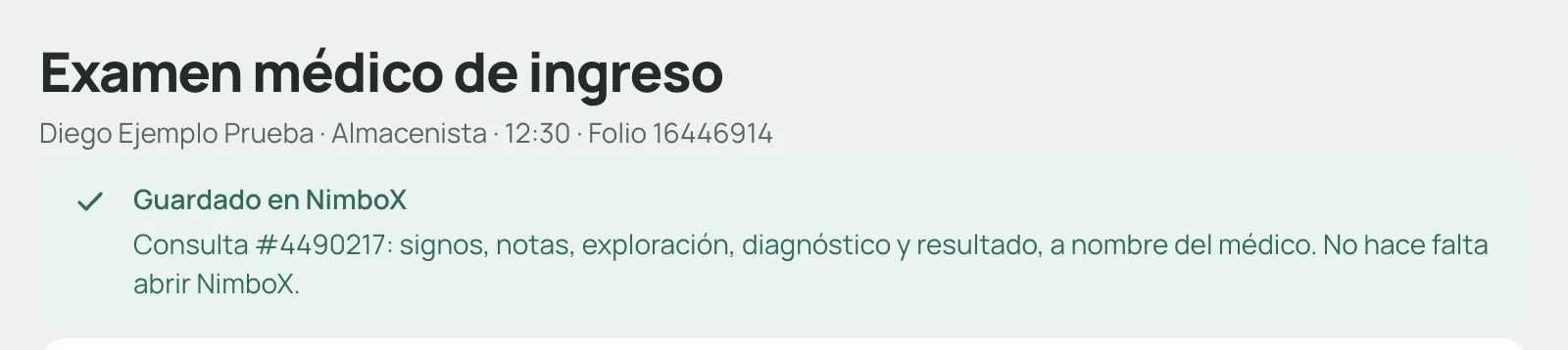 Aviso «Guardado en NimboX» con el número de consulta