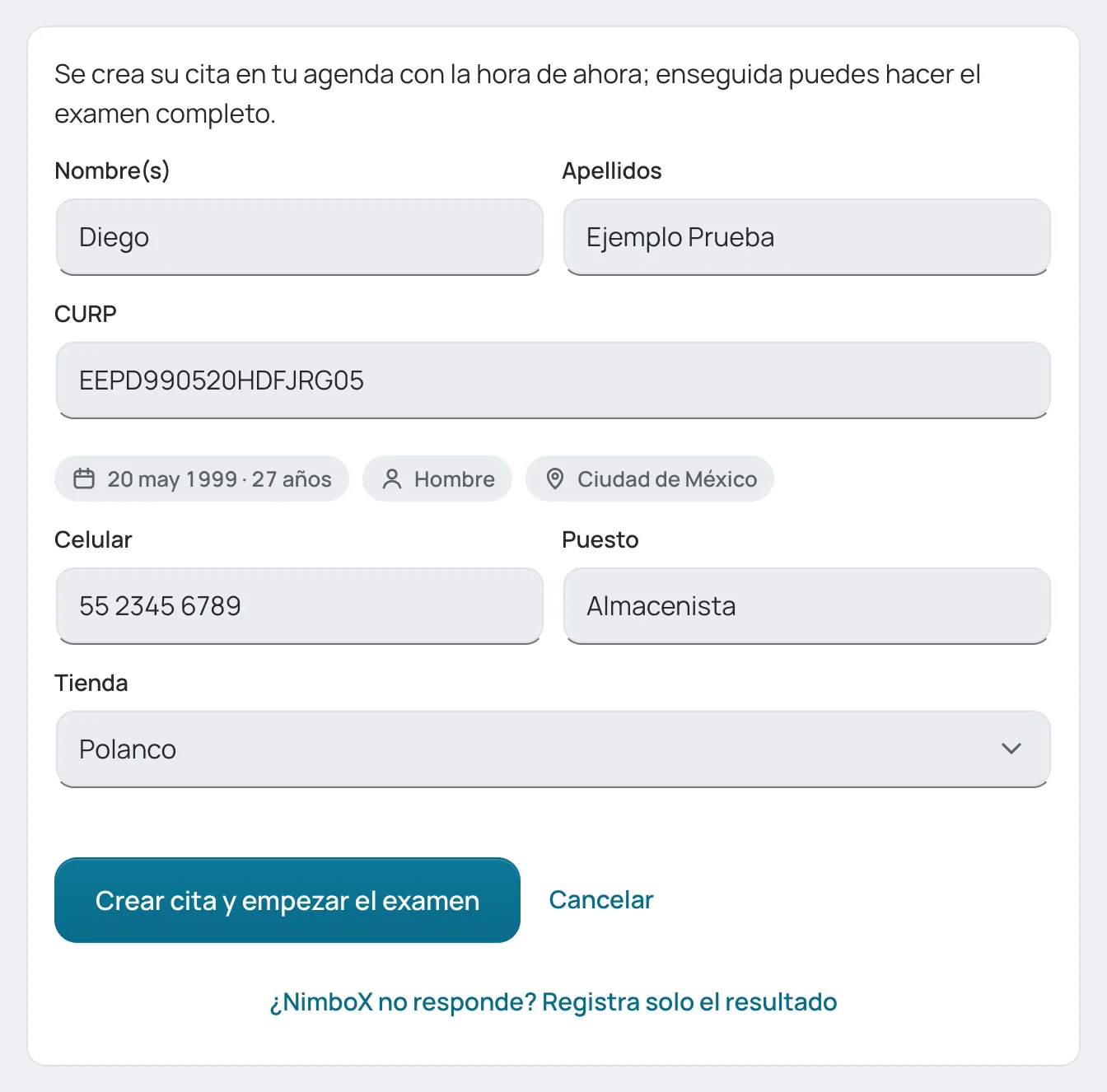 Formulario «Llegó sin cita» lleno, antes de crear la cita