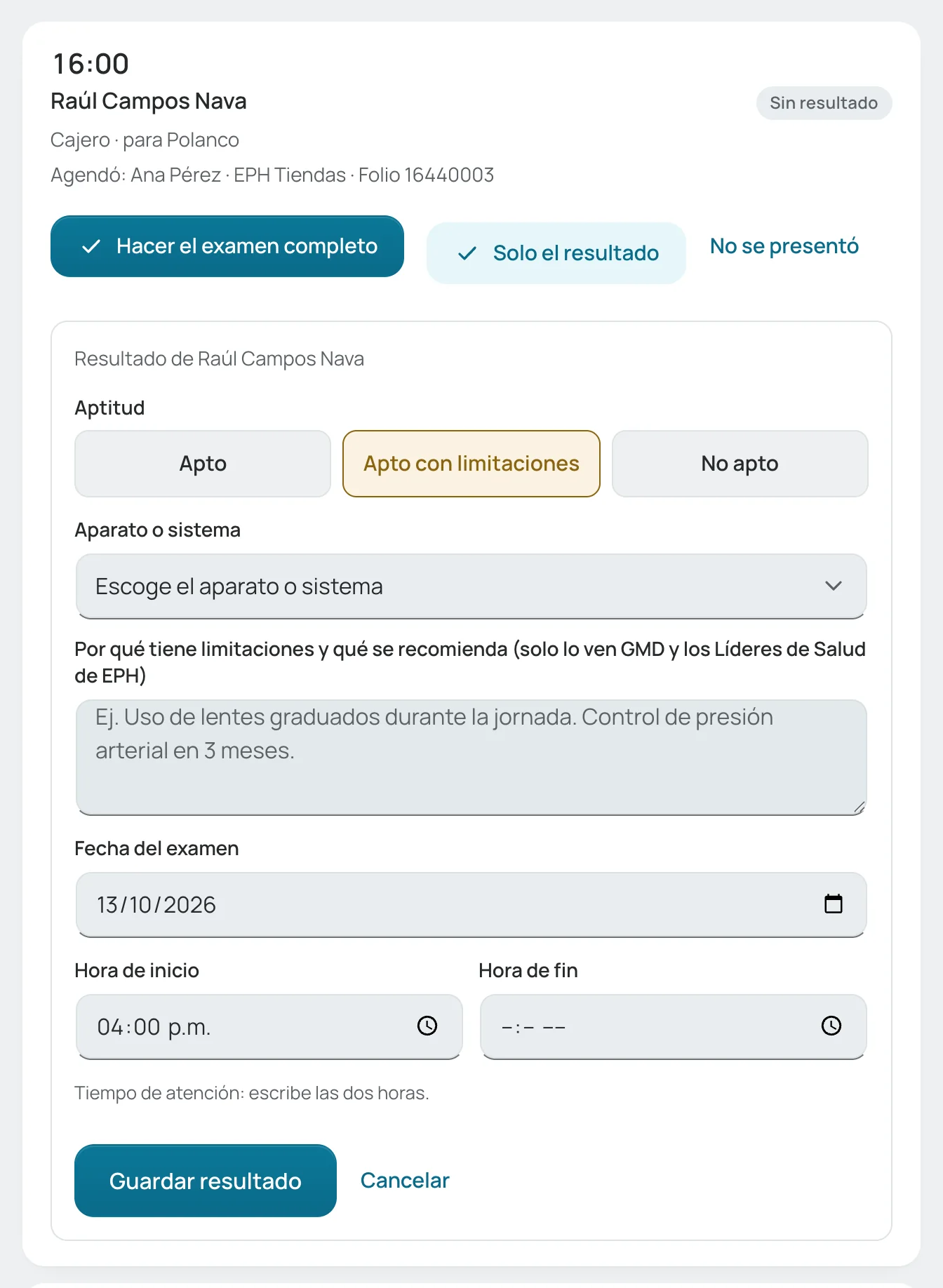 Formulario de «Solo el resultado» con «Apto con limitaciones»