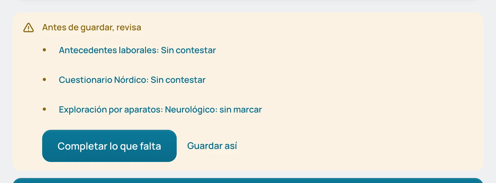 «Antes de guardar, revisa» con lo que falta del examen