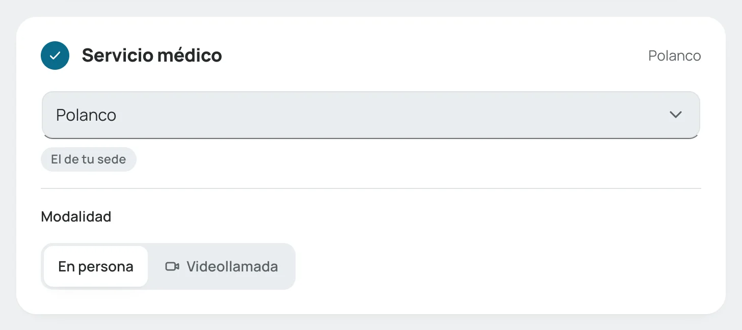 Servicio médico de la sede de la cita, ya escogido, y los botones de modalidad