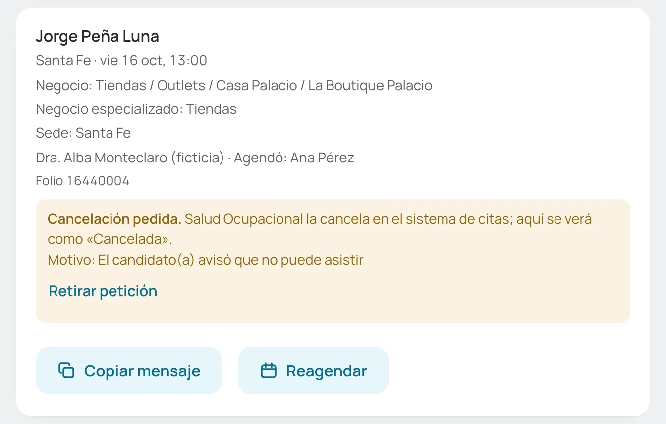 Tarjeta con «Cancelación pedida» y «Retirar petición»