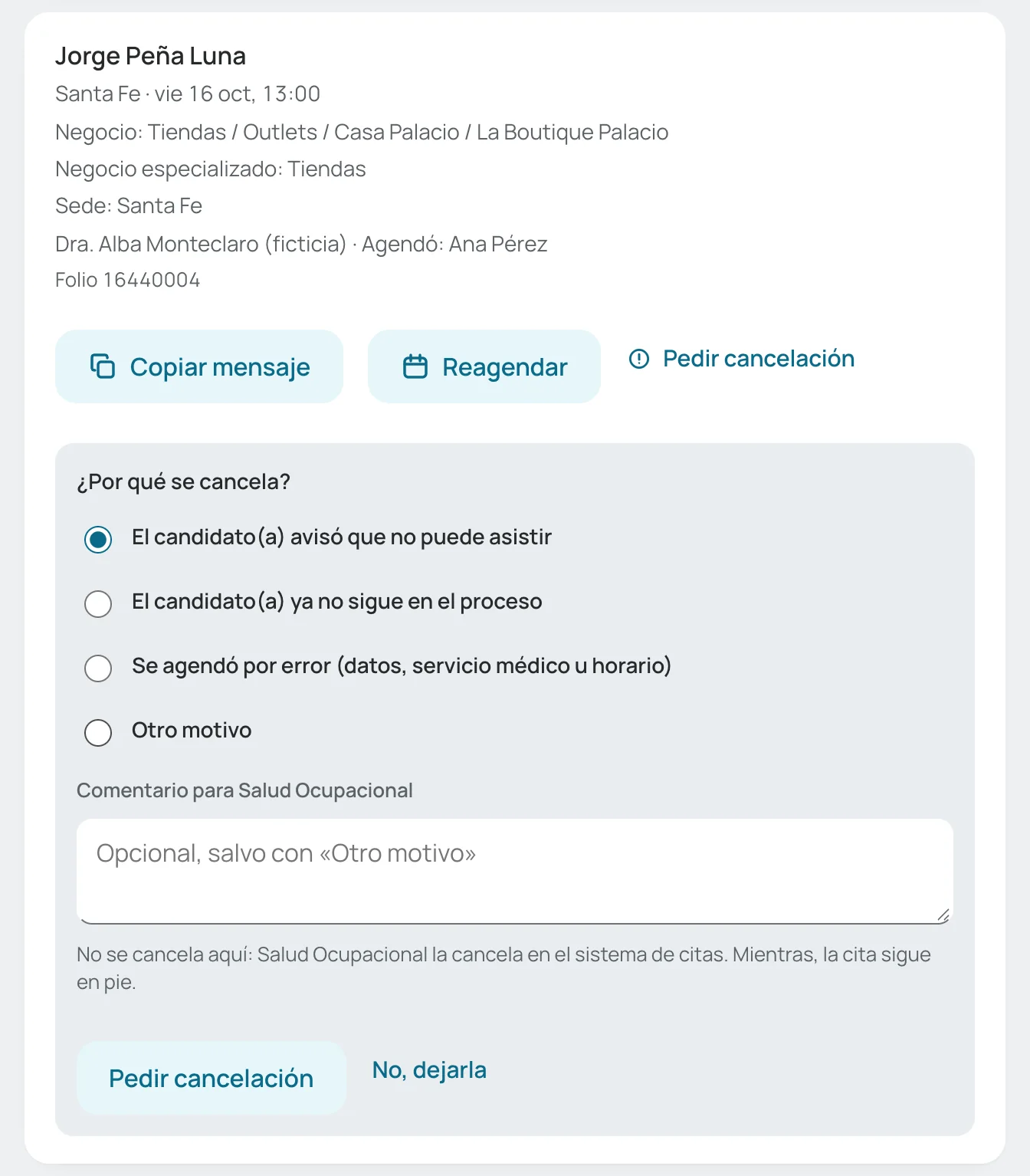 Formulario para pedir la cancelación, con los motivos