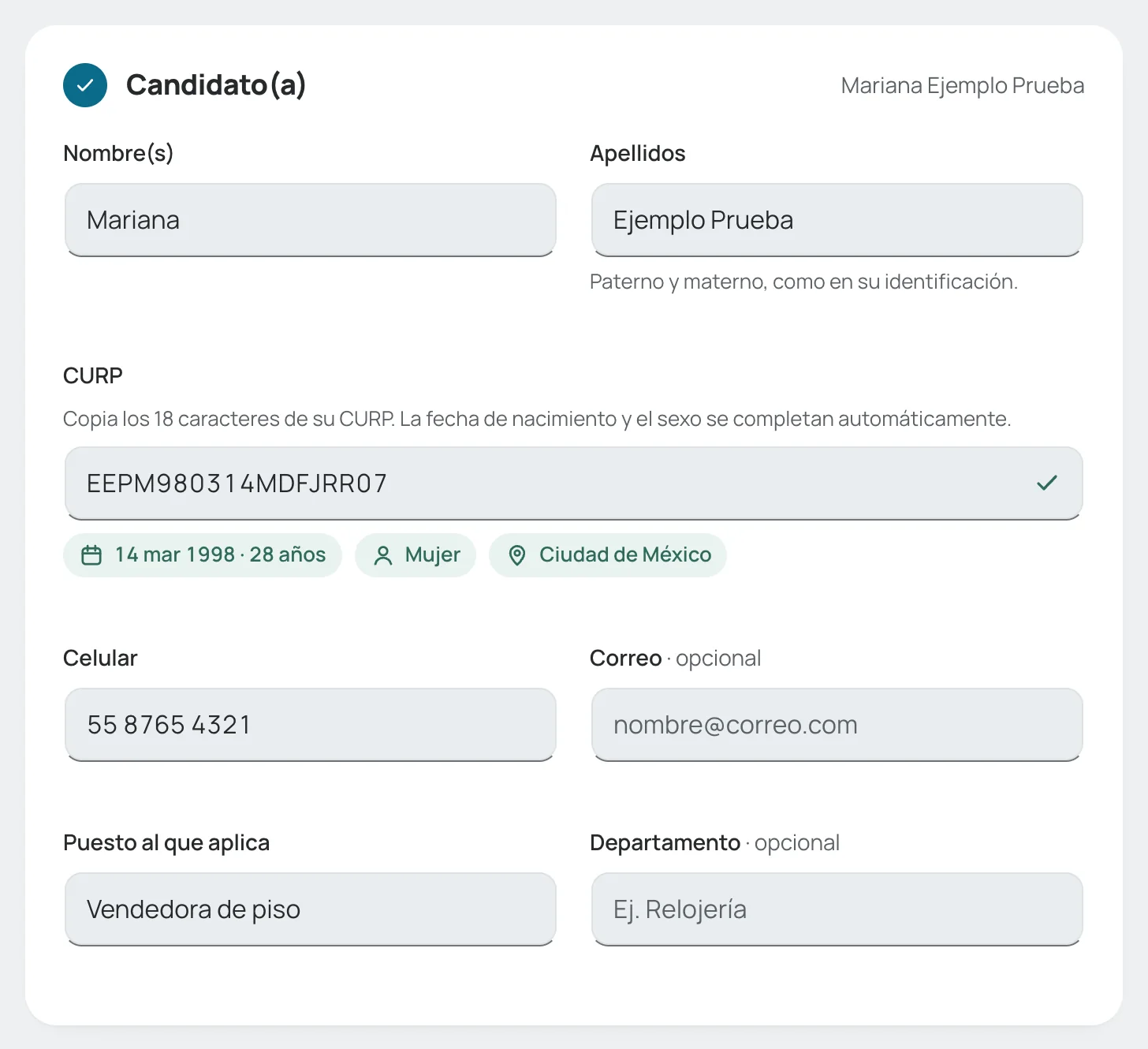 Datos del candidato(a) con la CURP ya leída