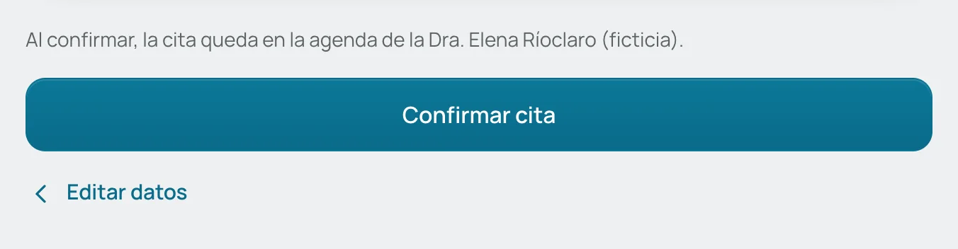 Botón «Confirmar cita» y «Editar datos»
