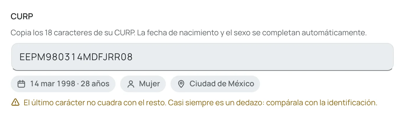 Aviso bajo la CURP: el último carácter no cuadra con el resto