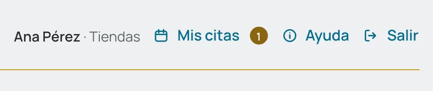 Encabezado de la agenda con quien agenda y su negocio especializado, Mis citas, Ayuda y Salir