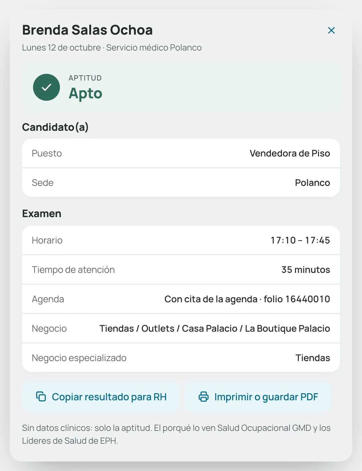 Detalle de un examen: la aptitud y el horario, sin datos clínicos