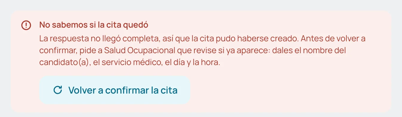 Aviso: no sabemos si la cita quedó, con «Volver a confirmar la cita»