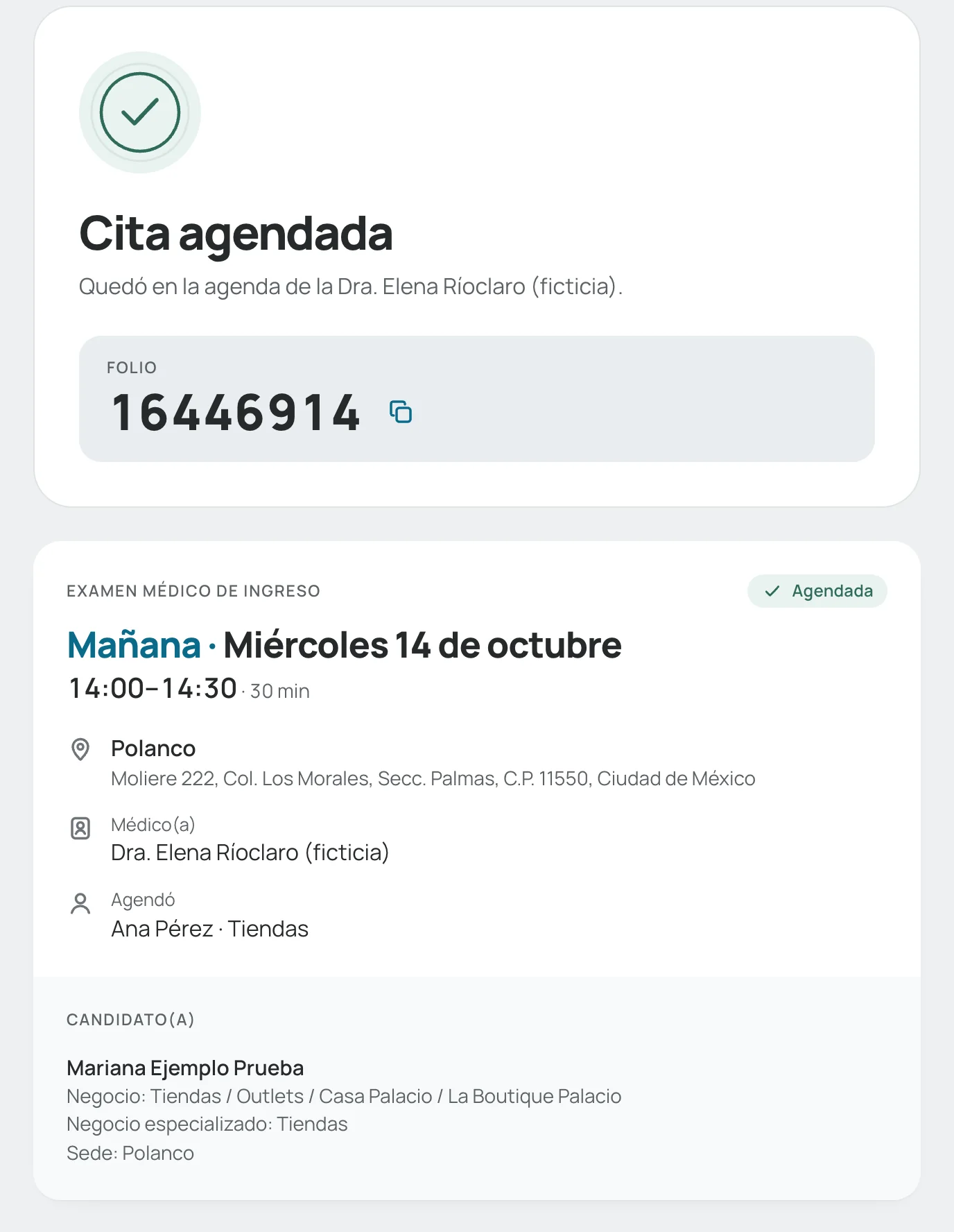 Pantalla «Cita agendada» con el folio y los datos de la cita