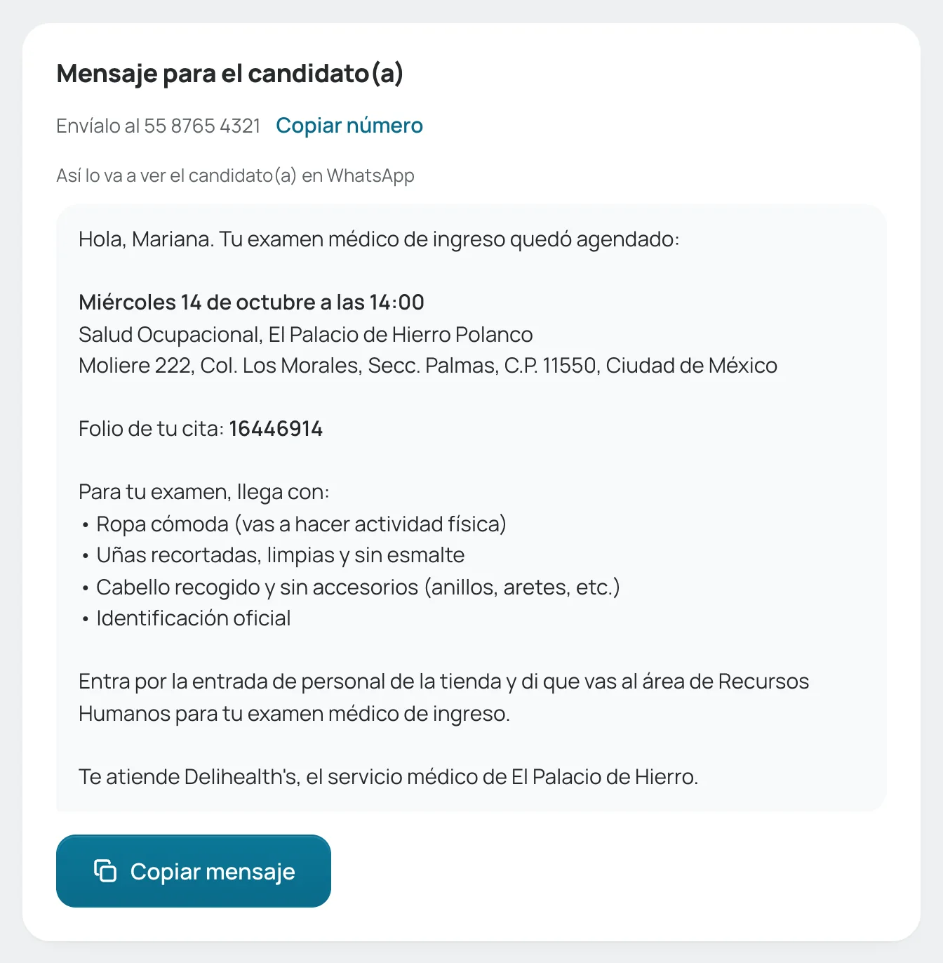 Mensaje para el candidato(a) con «Copiar número» y «Copiar mensaje»