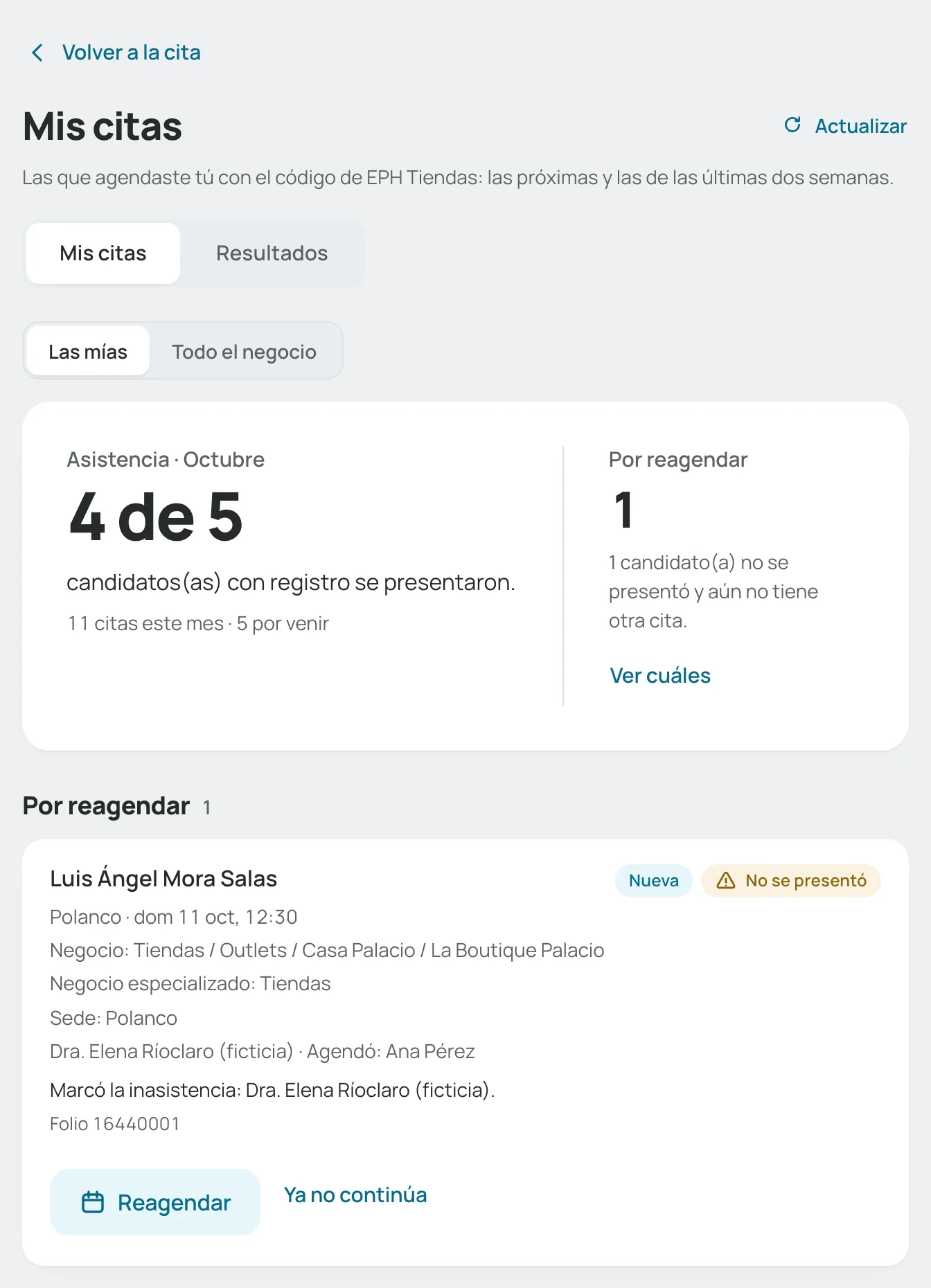 Pantalla «Mis citas» en «Las mías», con la asistencia del mes y una cita por reagendar