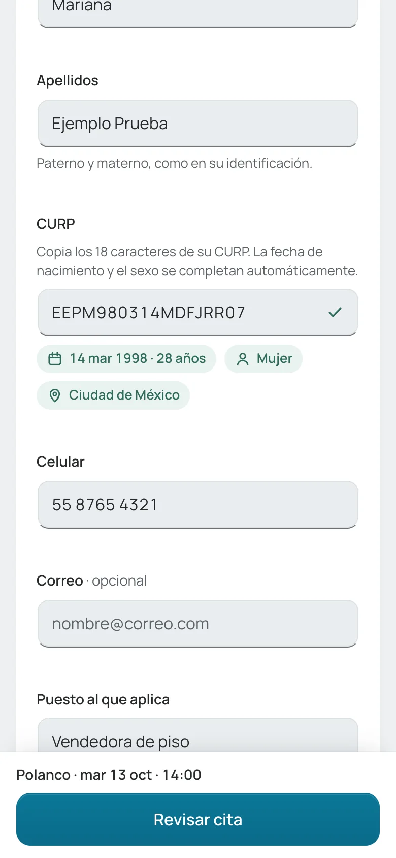 Captura con el botón «Revisar cita» abajo