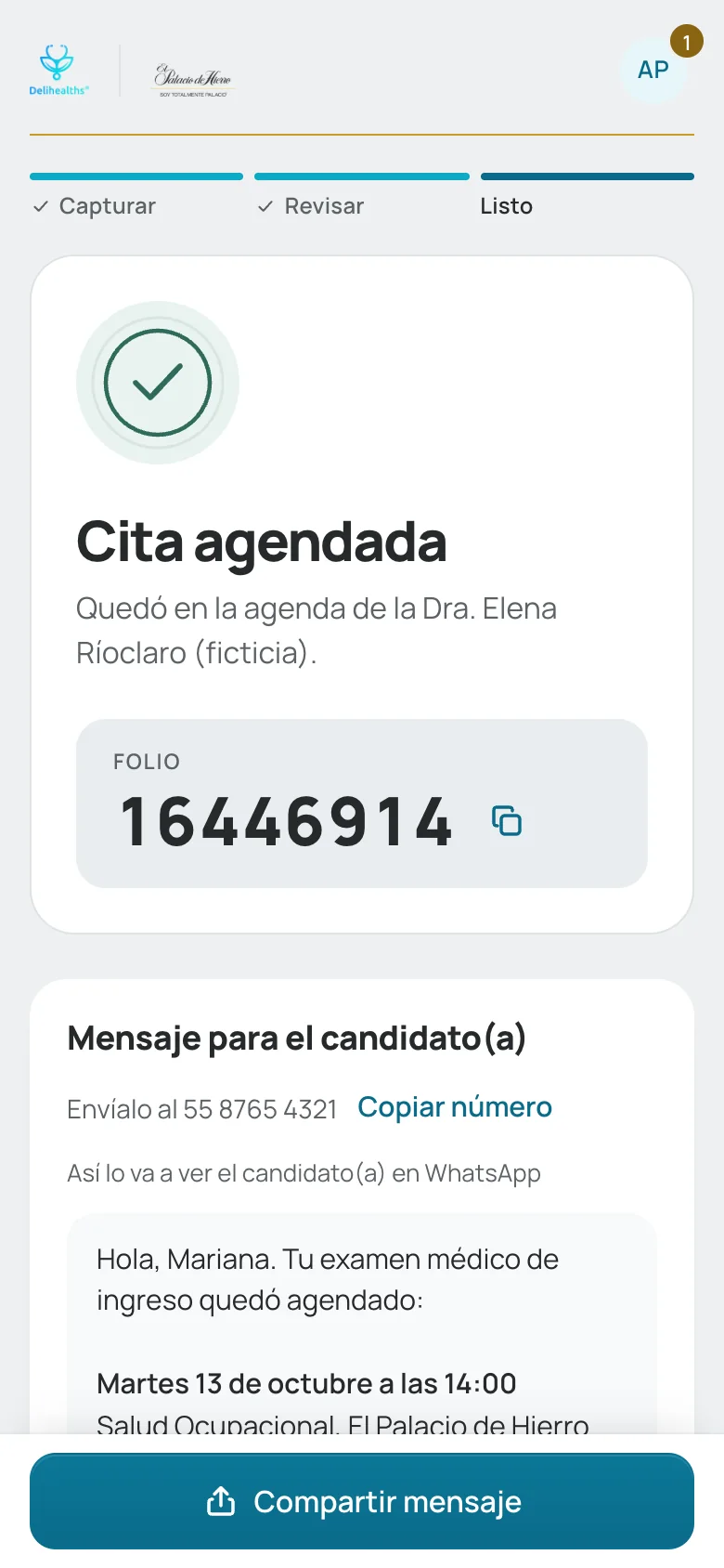 Cita agendada con «Compartir mensaje» abajo