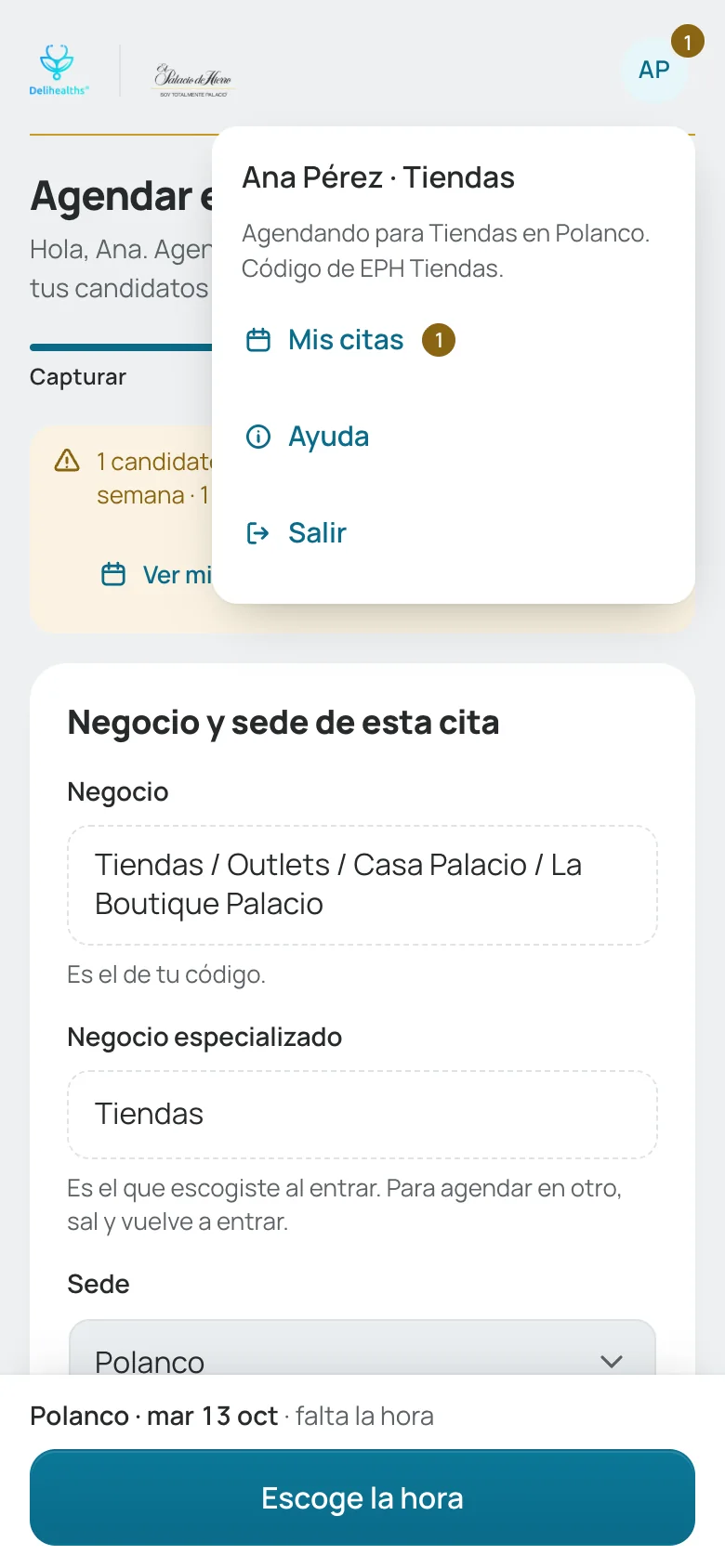 Menú abierto con quién agenda, para qué negocio especializado y en qué sede, Mis citas, Ayuda y Salir
