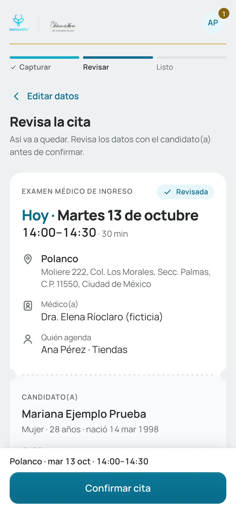 Revisión de la cita con «Confirmar cita» abajo