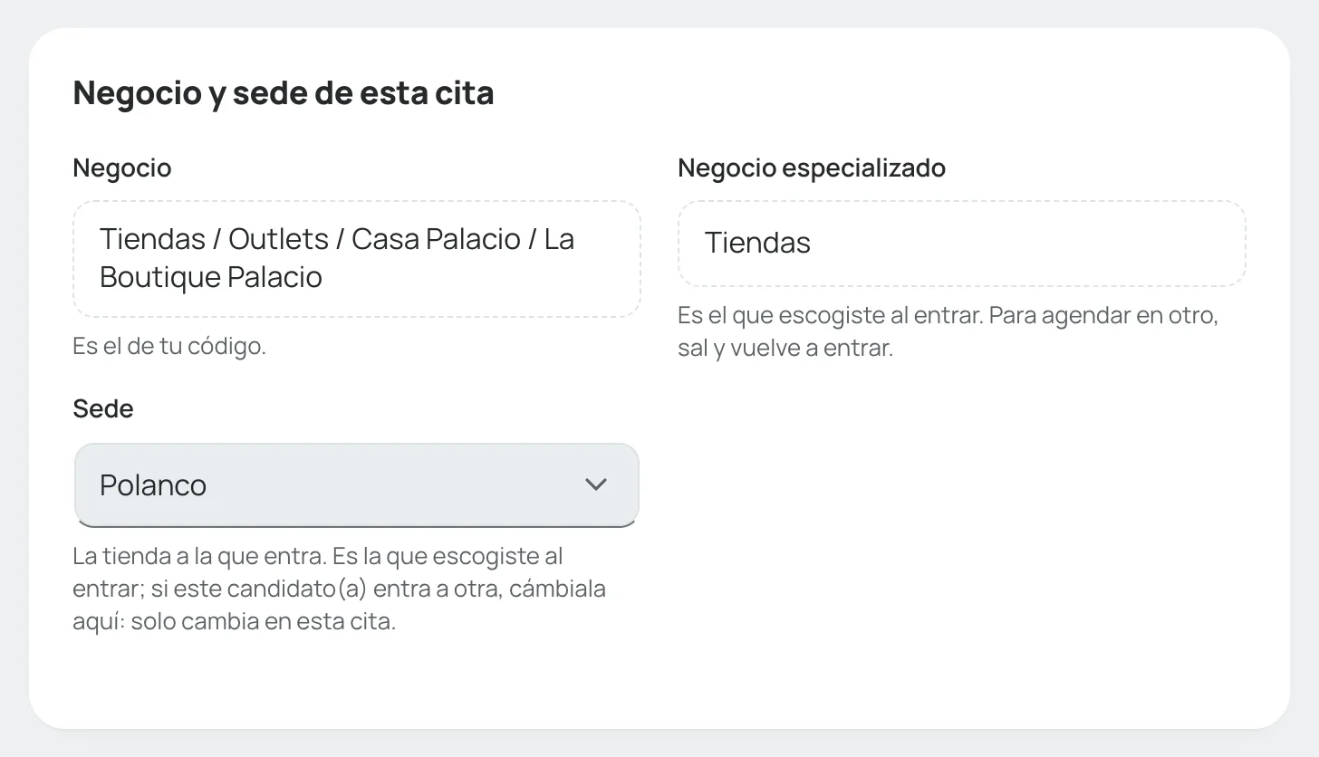 Tarjeta «Negocio y sede de esta cita»: el negocio y el negocio especializado, para leer, y la sede ya puesta