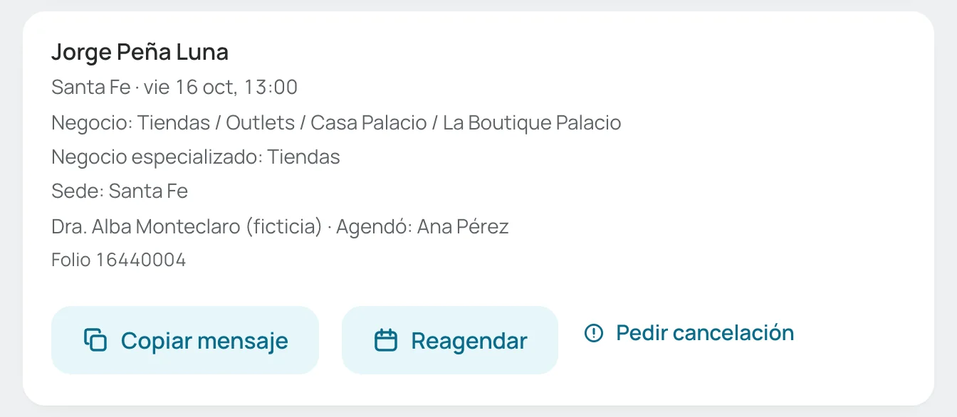 Tarjeta de una cita próxima con sus tres acciones