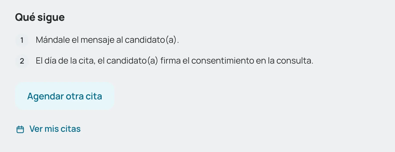 «Qué sigue» con «Agendar otra cita» y «Ver mis citas»