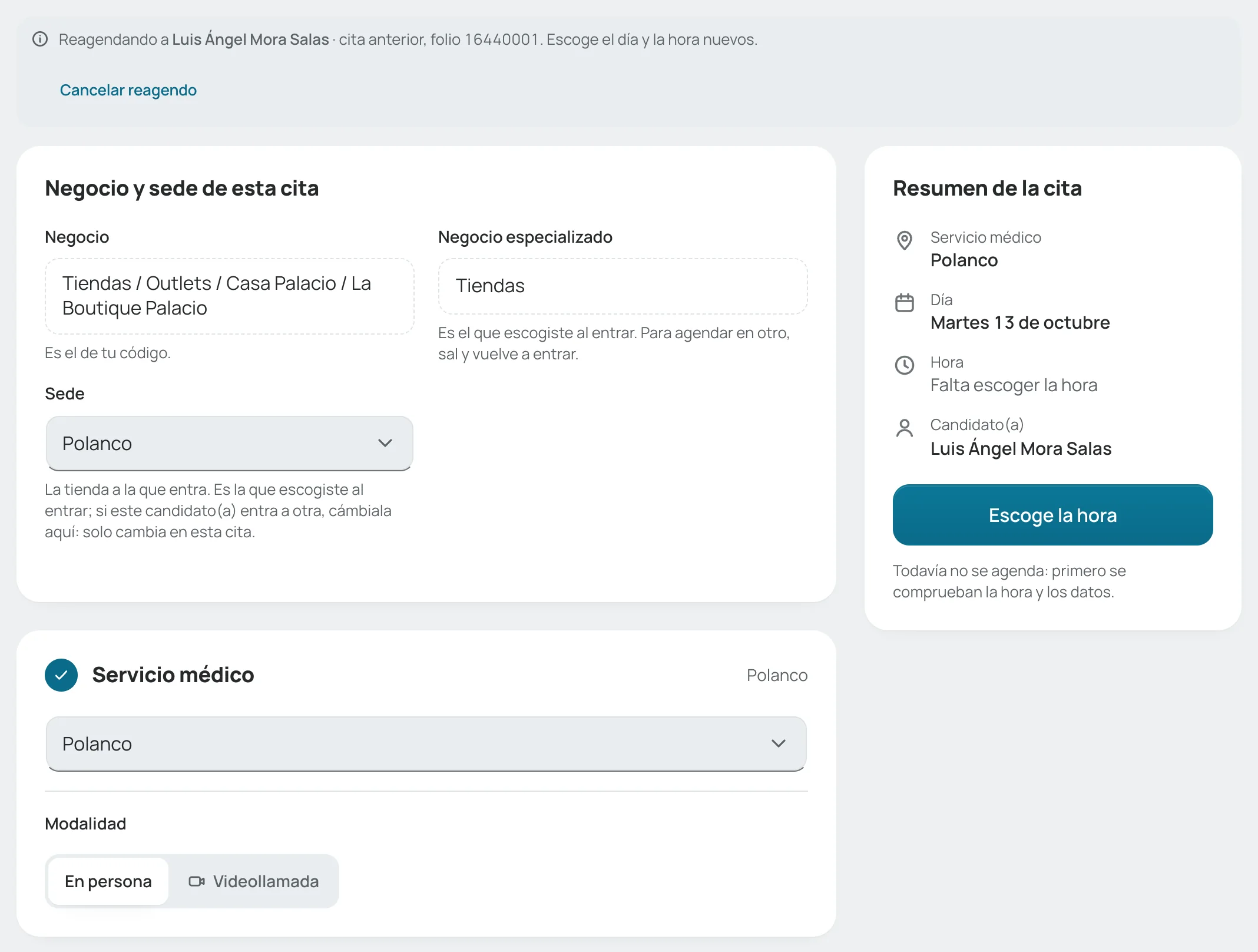 Captura abierta para reagendar, con el aviso de la cita anterior, su sede y su servicio médico