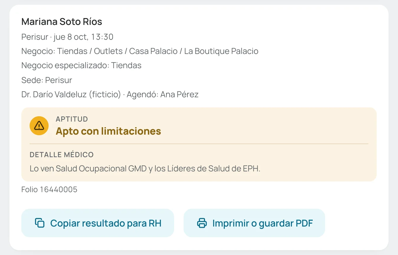 Tarjeta de una cita con la aptitud «Apto con limitaciones»