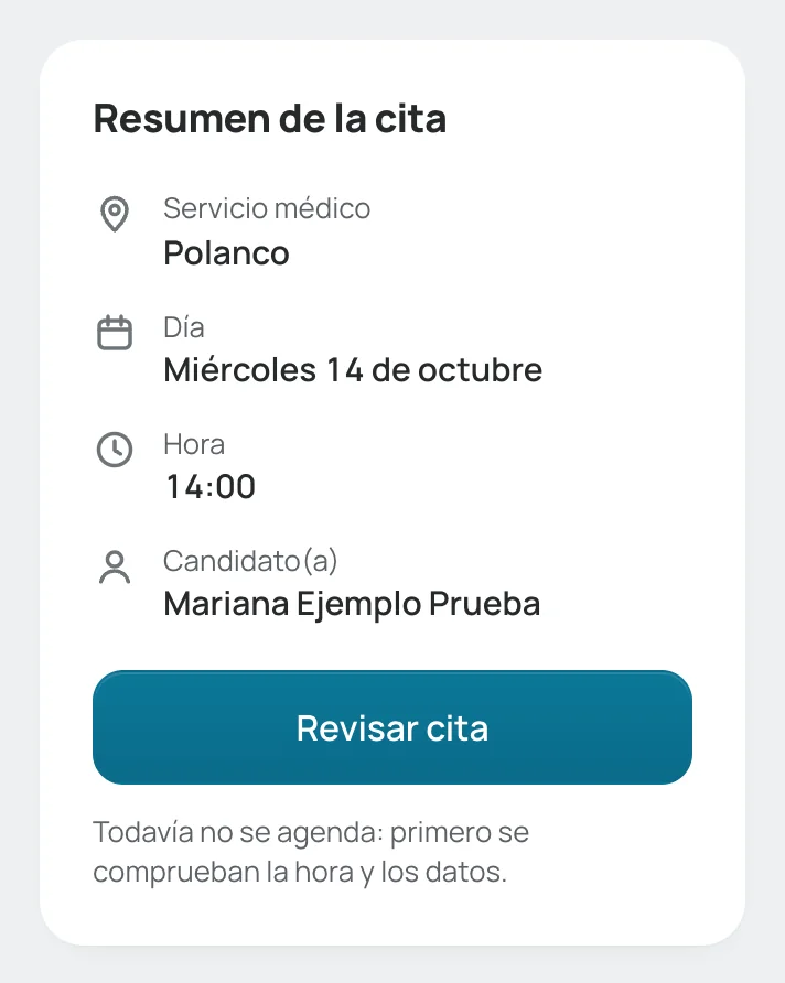 Resumen de la cita con el botón «Revisar cita»
