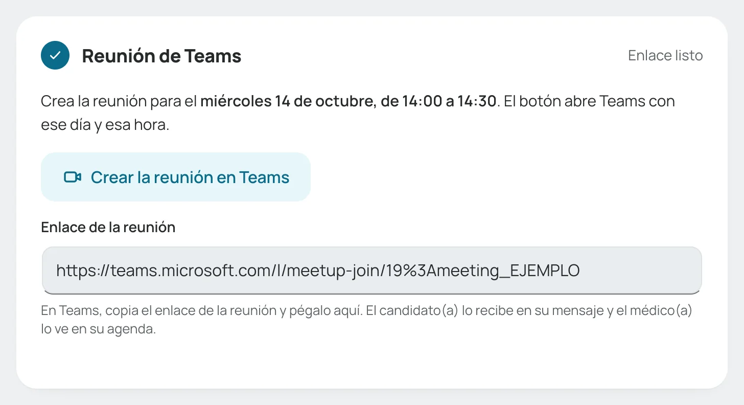 Paso «Reunión de Teams» con el día y la hora de la cita, el botón para crearla y el enlace pegado