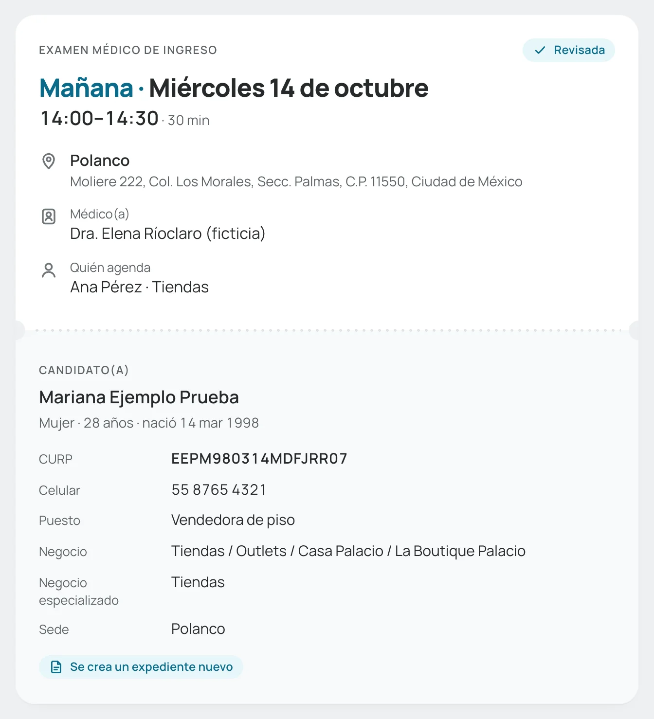 Revisión de la cita antes de confirmar, con su negocio, su negocio especializado y su sede