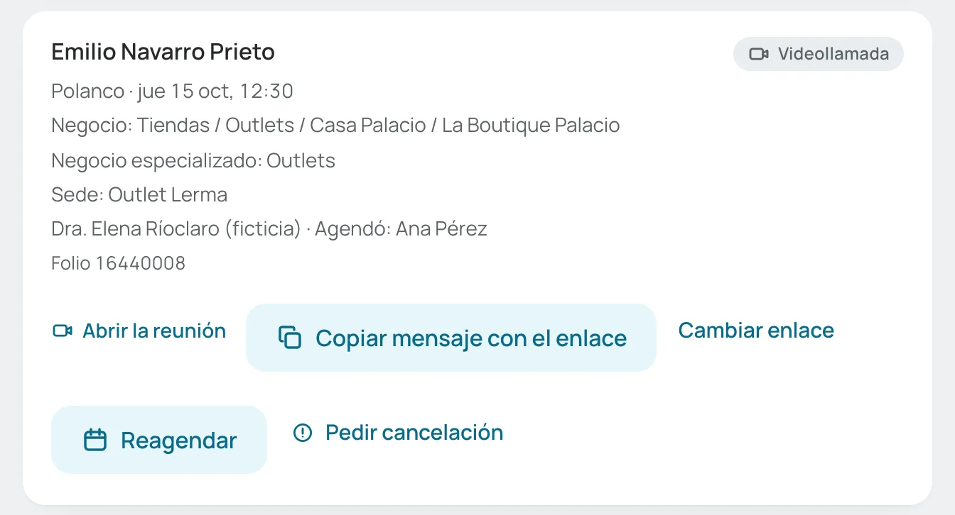 Tarjeta de una videollamada con sus acciones